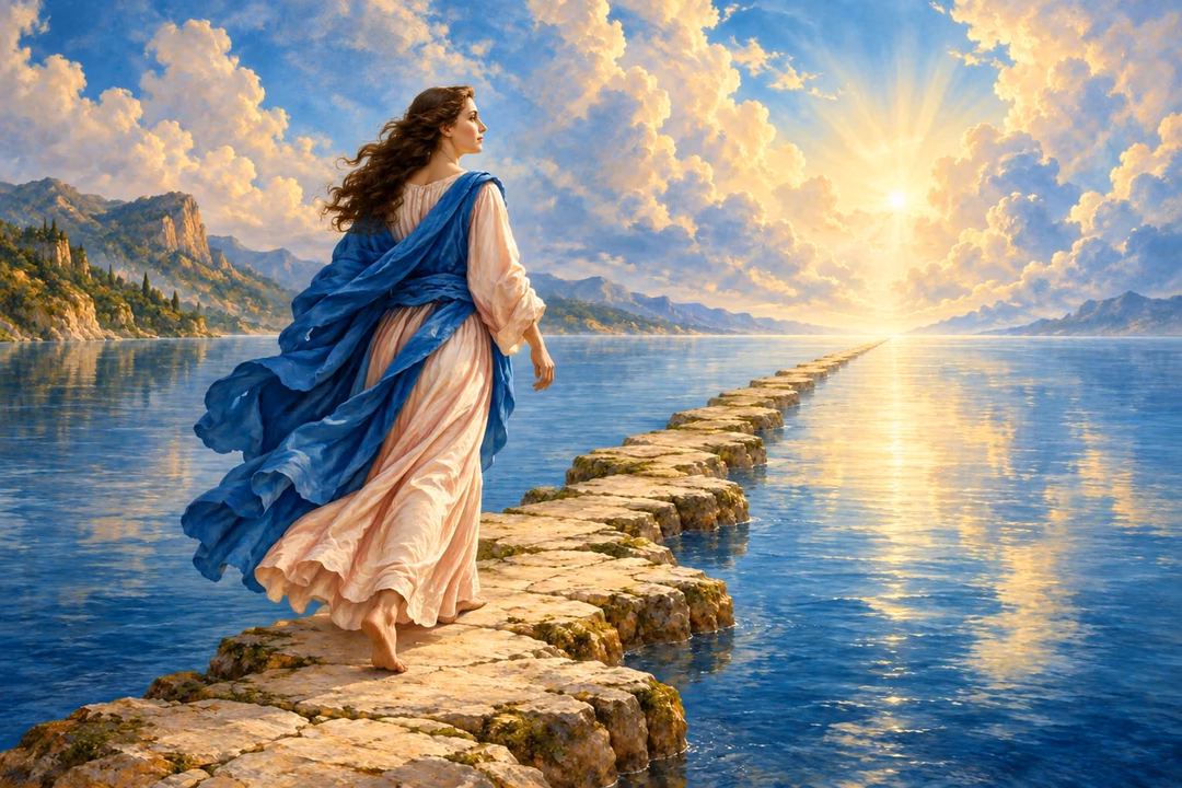 Raphael-inspired painting of a pilgrim walking a narrow stone path over blue water toward radiant light.