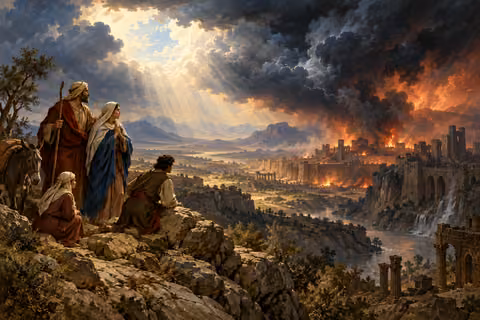 A family watches a distant city beneath storm clouds from the safety of a ridge.