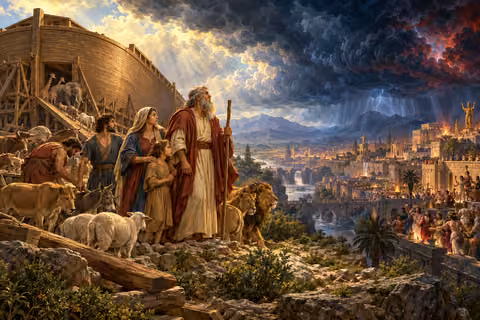Noah and his family stand beside the ark and gathered animals as storm clouds gather over a distant city.