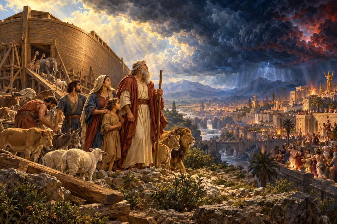 Noah and his family stand beside the ark and gathered animals as storm clouds gather over a distant city.