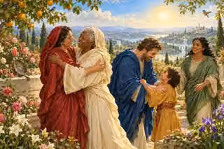 Two women embrace and a man welcomes a child in a flowering garden while another woman approaches; a clouded mirror rests on a stone wall.