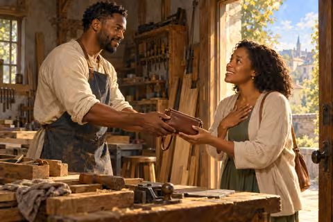 A craftsman returns a lost purse to a woman at the entrance to his workshop.