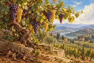 A living grapevine bears abundant fruit above a sunlit vineyard, while a detached branch lies below.