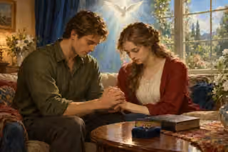 A young couple joins hands in prayer beneath a white dove, with wedding bands and a closed Bible on a table before them.