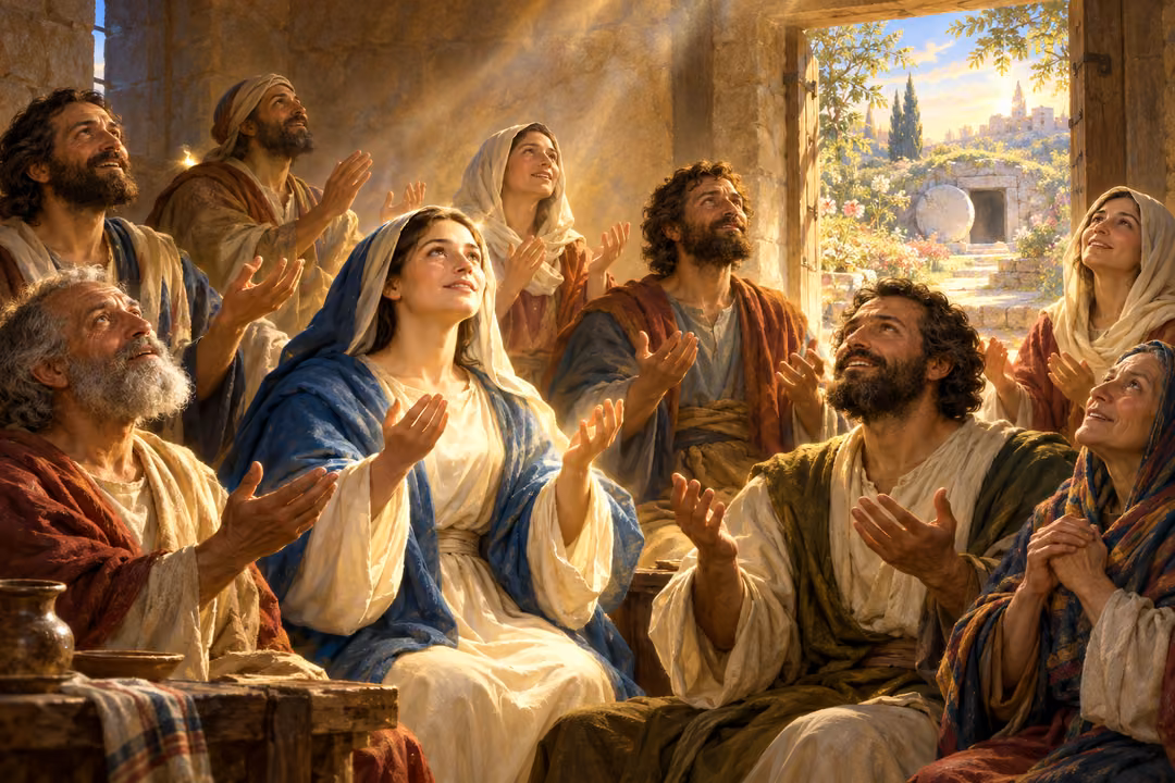 Believers pray together in a stone room overlooking a garden and an empty tomb.