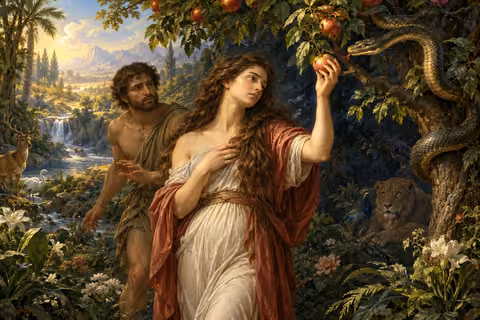 Eve reaches toward fruit beside a serpent in the garden of Eden, with Adam standing nearby.