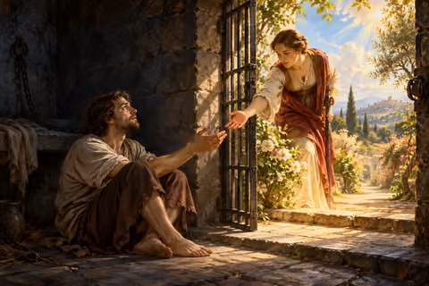 A woman reaches through an open prison doorway to help a man into a sunlit garden.