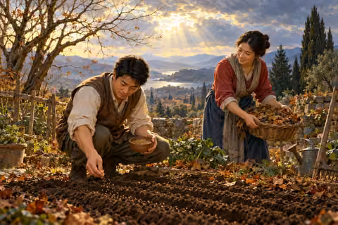 A man plants seeds while a woman gathers leaves in an autumn garden beneath a brightening sky.