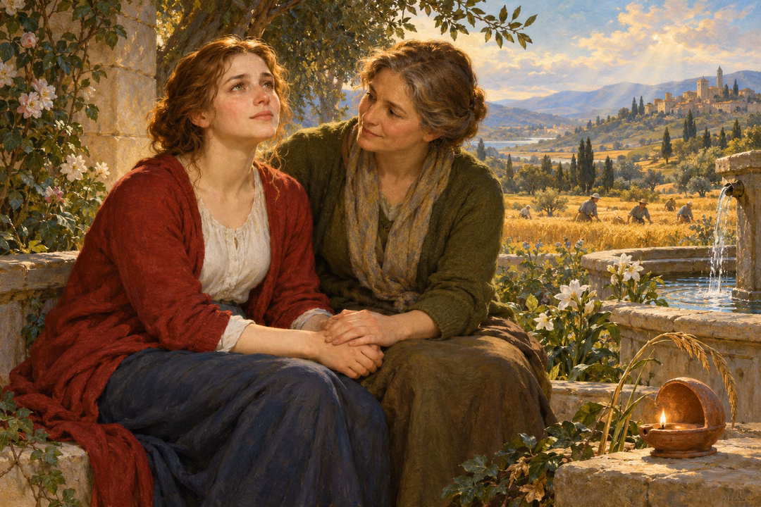 A compassionate friend comforts a weary woman in a garden beside a fragile reed and a small flame.