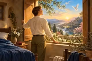 A man opens his shutters to a radiant dawn and a garden full of new growth.