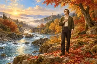 A man stands at an autumn riverbank with peaceful gratitude beneath the distant empty cross.