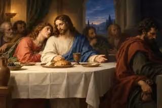 John leans close to Christ at the supper table while Judas turns away, clasping a coin purse in shadow.