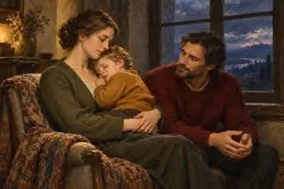A woman cradles a resting child while a seated man looks toward them with calm, relaxed hands; slate clouds appear through a dark window.