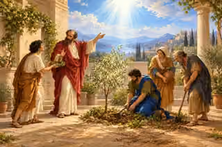 Paul declines an offered laurel and points toward light while Apollos and other believers humbly tend a growing olive tree together.