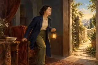 A woman leaves a comfortable chair with a lantern and turns toward an open narrow garden gate.