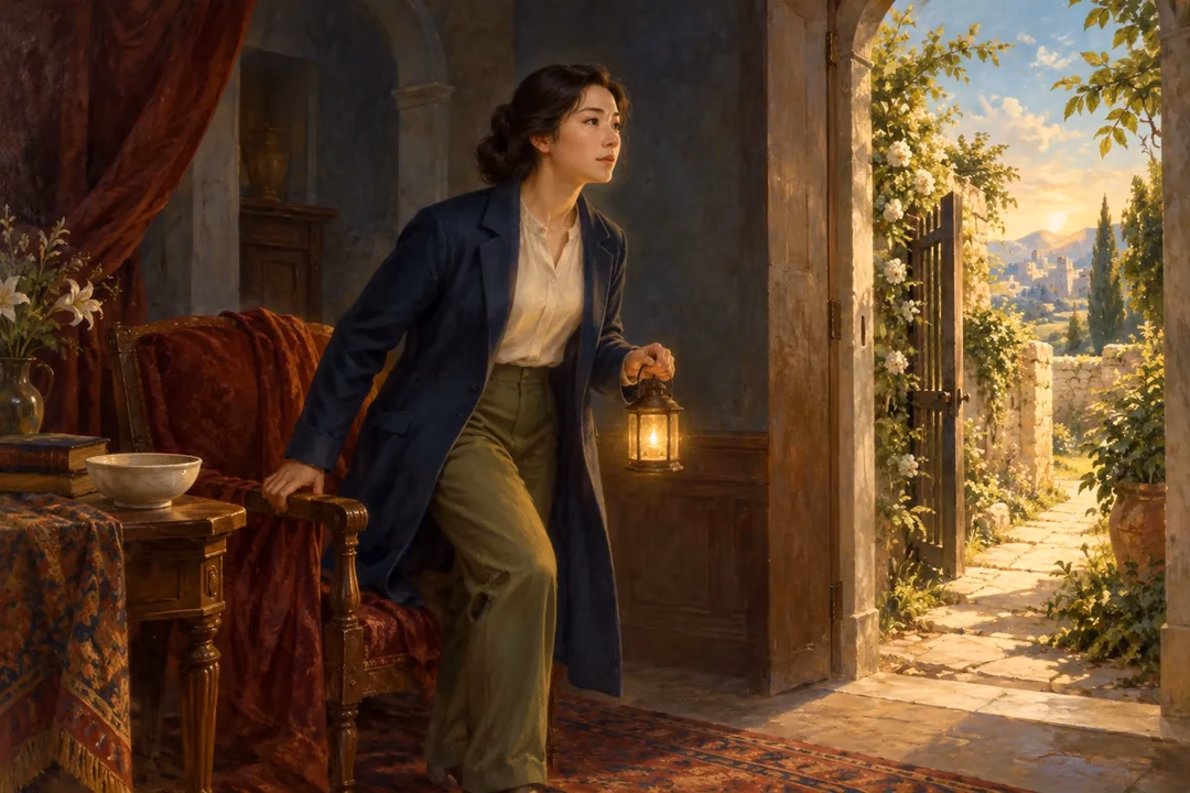 A woman leaves a comfortable chair with a lantern and turns toward an open narrow garden gate.