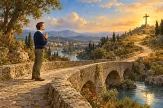 A man waits prayerfully on a stone bridge, looking toward an empty cross and the continuing path.