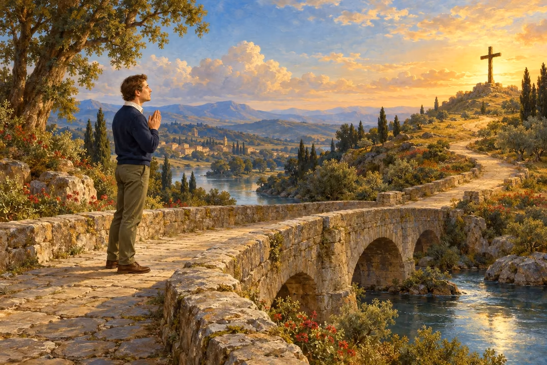 A man waits prayerfully on a stone bridge, looking toward an empty cross and the continuing path.