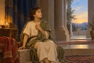 A youthful Samuel listens in the stillness of a temple beside a small oil lamp, with a blue curtain, red woven cloth, and soft dawn light across the stone floor.