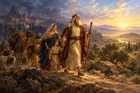 Abraham leads his household and a camel away from a city toward sunlit open country.