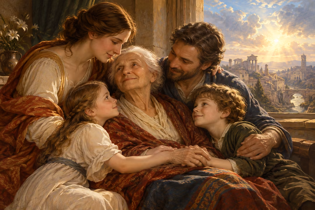 A family gathers lovingly around an elderly woman beside a sunlit window.