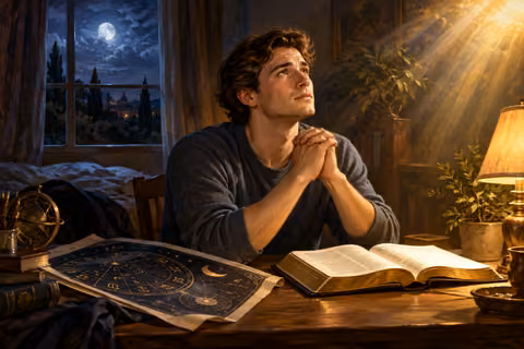 A young man prays over an open Bible beside an astrological chart and a window showing the night sky.