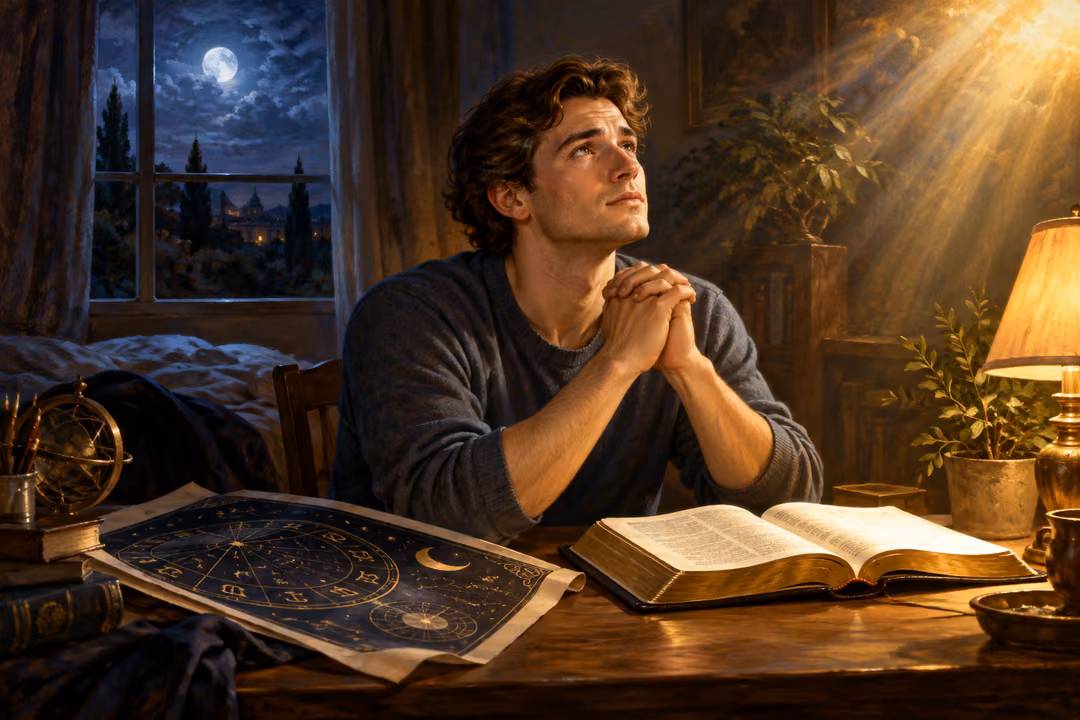 A young man prays over an open Bible beside an astrological chart and a window showing the night sky.