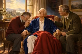An older man sits in an armchair while two elders support him in prayer.