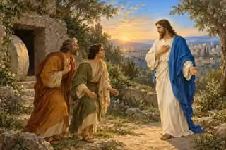 The risen Jesus in ivory and blue welcomes two disciples beside an empty rock-cut tomb as golden sunlight rises over the distant city.