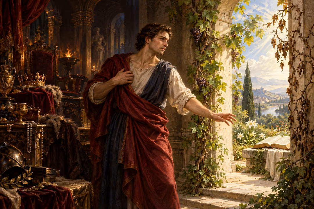 A man stands between a shadowed room of riches and a sunlit garden with an open Bible.