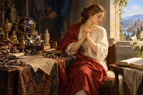 A woman turns in prayer toward an open Bible, away from a table of religious and astrological objects.