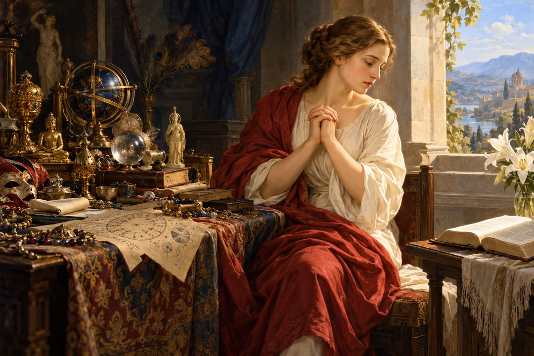 A woman turns in prayer toward an open Bible, away from a table of religious and astrological objects.