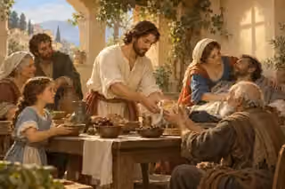 A humble believer offers bread to a neighbor as a gathered community shares in warm light.