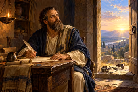 Paul writes at a desk beside an open doorway, with broken shackles on the threshold.