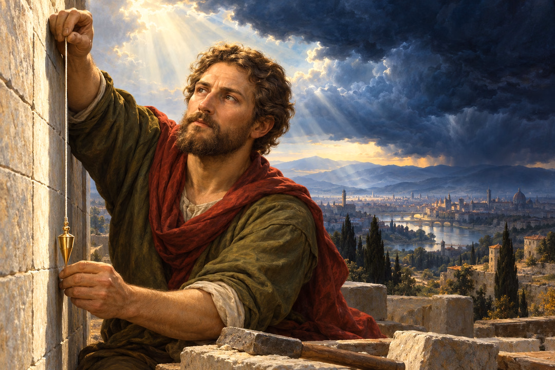 A thoughtful mason holds a brass plumb line against a stone wall beneath storm clouds and a shaft of warm light.