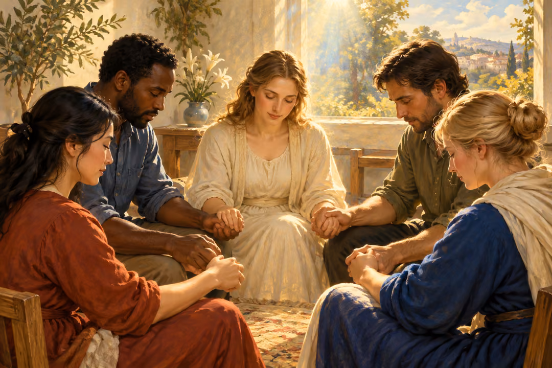 Five believers hold hands in prayer around an open Bible in a sunlit room.