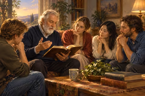 An older teacher reads Scripture aloud to a small group gathered in a home.