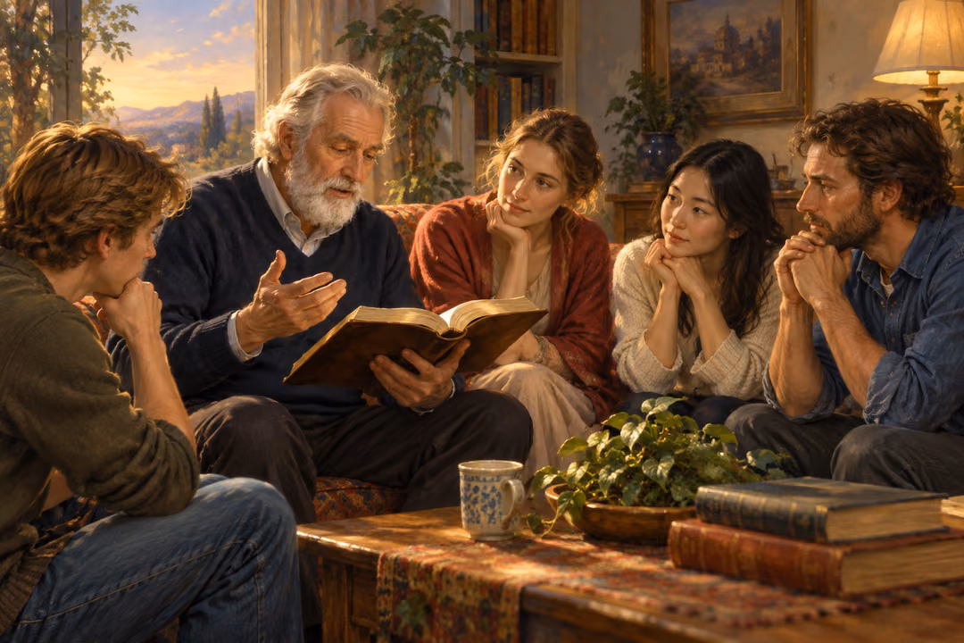 An older teacher reads Scripture aloud to a small group gathered in a home.