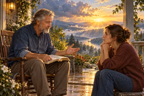 An older man encourages a young woman as they read the Bible on a porch.