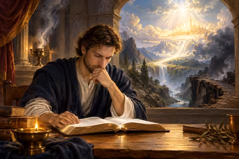 A man studies Scripture beside an archway opening onto a luminous mountain path.