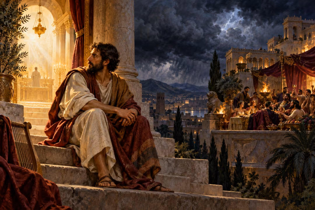 A psalmist turns toward a lighted sanctuary while a wealthy banquet lies beneath dark clouds.