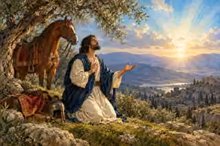 A traveler kneels in prayer beneath an olive tree beside his horse and discarded helmet, facing a luminous dawn over the hills.