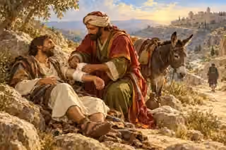 A Samaritan gently bandages a weary traveler beside a donkey on the road to Jericho.