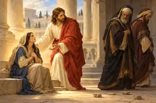 Jesus offers grace to a humbled woman as proud accusers withdraw from the courtyard.