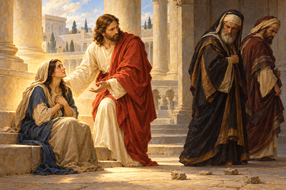 Jesus offers grace to a humbled woman as proud accusers withdraw from the courtyard.