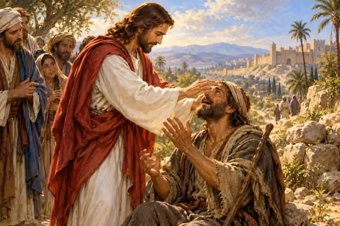 Jesus gently touches the face of blind Bartimaeus beside the road to Jericho.