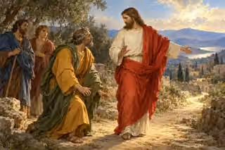 Jesus corrects Peter's worldly concern on an olive-shaded road while the other disciples listen.