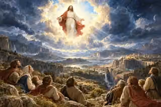 Christ appears in luminous clouds above a vast mountain basin as people gaze upward.