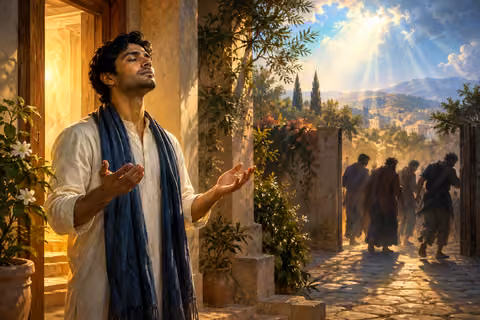A young man prays in a lighted doorway as hostile figures recede into shadow.