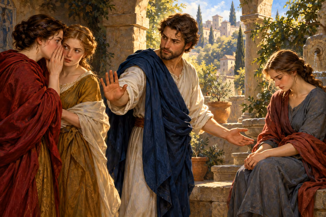 A man discourages whispering and reaches toward a woman distressed by slander.